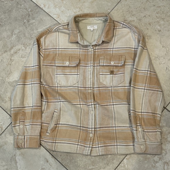 Roark Amberley Flannel Womens Medium Caramel Plaid Shacket Oversized Snap Cotton - Picture 2 of 9